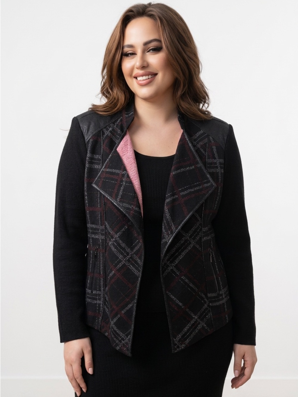 Laura Black Plaid Open-Front Blazer with Pink Lining Size 14